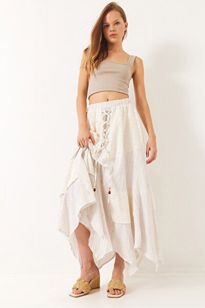 Hiccup Bianco Lucci Asymmetric Skirt with Embroidered Panels and Lining