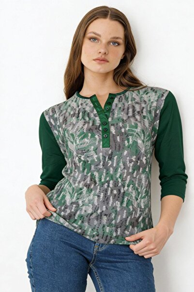 Desen Triko Women's Open Collar Three Quarter Sleeve Patterned Combed Cotton ...