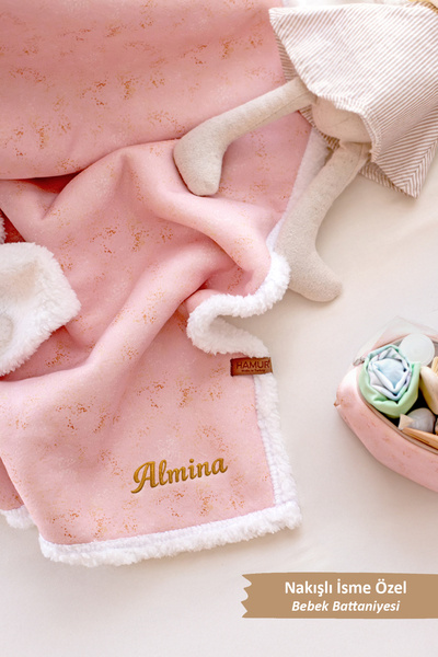 HAMUR Kişiye İsime Özel Nakışlı Hediyelik Yenidoğan Fluffy Kundak Puset Bebek...