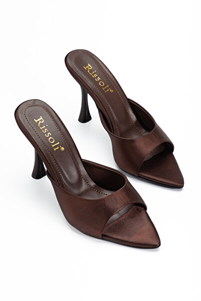 RİSSOLİ Women's Bitter Brown Satin Pointed Toe Heeled Sandals