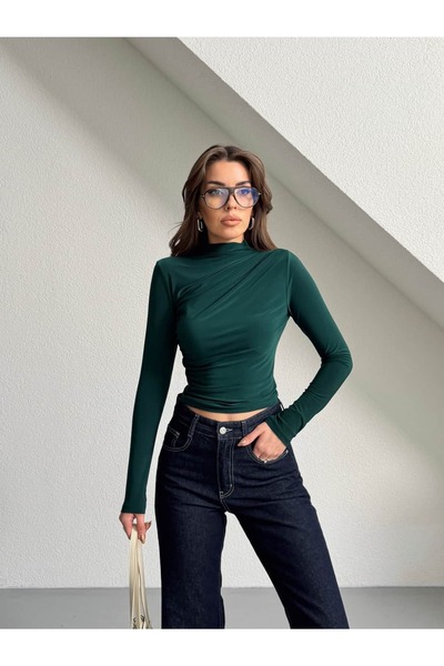 mydukkan.co High Collar Draped Long Sleeve Blouse