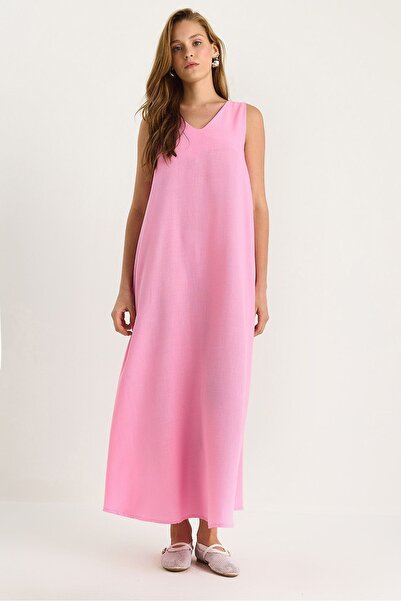 Hiccup Long linen dress with V-neck and thick straps Bianco Lucci