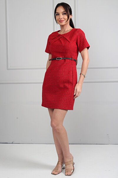 By Saygı Women's Collar Pleated Detailed Short Chanel Dress