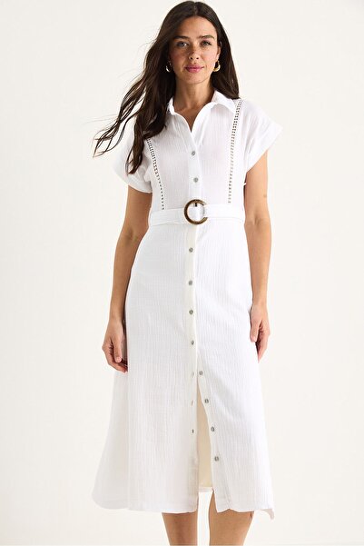 Hiccup Bianco Lucci muslin dress with lace details, button closure, belt and ...