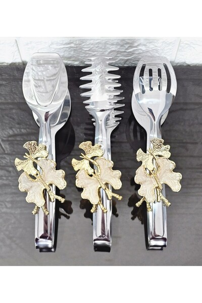 atabey home Silver Serving Tongs Set of 3 Cream Butterfly Pasta/Cake/Dinner/P...