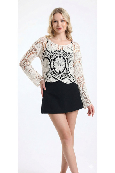 Sibel Günay Butik Women's Cotton Knitted Lace Mesh White Blouse