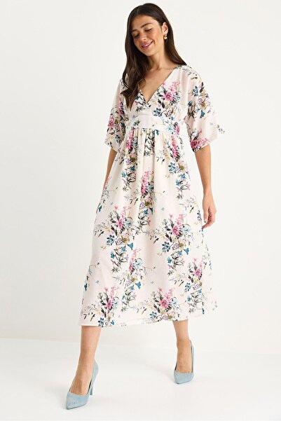 Hiccup Bianco Lucci dress with V-neck, wide sleeves, floral pattern, linen, t...
