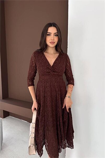 Neşeli Butik Γυναικείο καφέ φόρεμα με διπλό στήθος, μίντι μήκος, από ελαστικό...