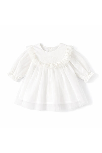 kizu Elegant white satin and tulle dress for little girls - for baptism and e...