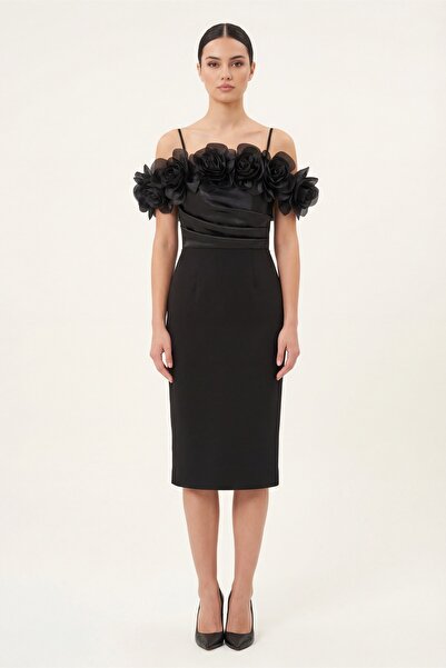 Lafaba Women's Black Collar Dress with Rose Detail for Engagement, Wedding, E...