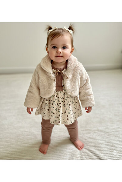 TinyTrend Kız Bebek Peluş Ceketli Fitilli 3'lü Takım - Gül Kurusu Floral Desenli