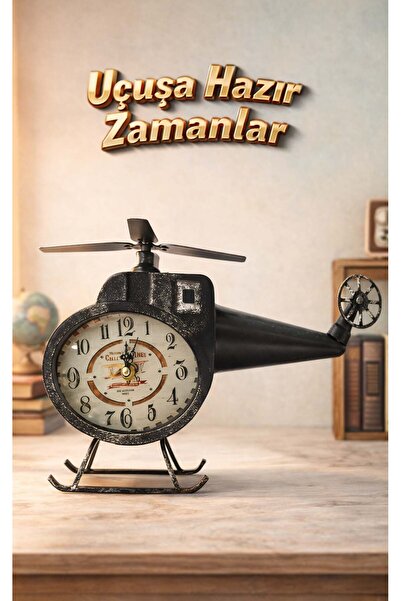 FaroxTech Vintage Helikopter Figürlü Ofis ve Ev Masa Saati - Eskitme Görünümlü