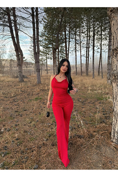 kırmızı butiks Kırmızı Degaje Yaka Taşlı Tulum