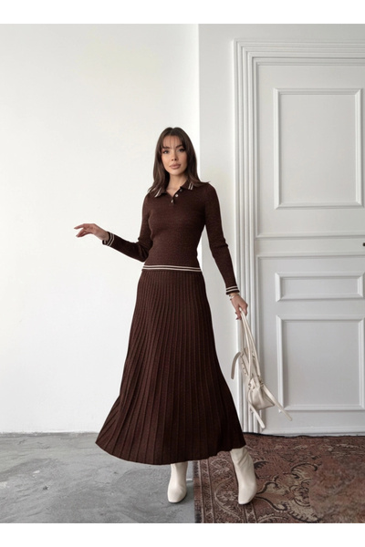 Lusin Women's Brown Glittery Stylish Striped Blouse Skirt Bottom Top Double P...