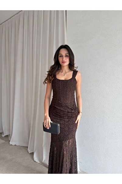 Mooi Butik After Maxi Lace Dress 8886 - Bitter Brown