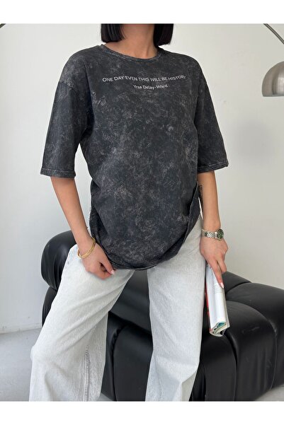 moda paketi Women's Washable Anthracite Oversize Printed T-Shirt – Front Text...