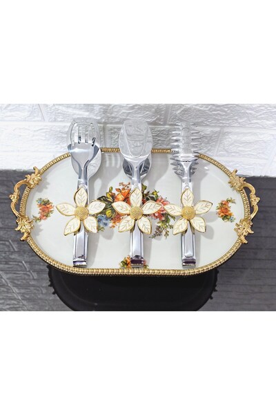 atabey home Silver Serving Tongs Set of 3 Gold Daisy White Pasta/Cake/Dinner/...