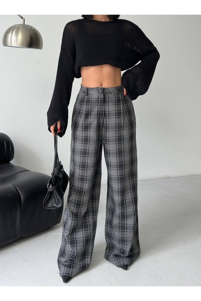 Ekim Store Pantaloni Palazzo cu pliuri și model în carouri