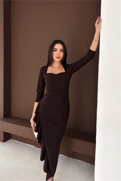 Neşeli Butik Women's Brown Flared Skirt Asymmetrical Cut Square Neck Dress