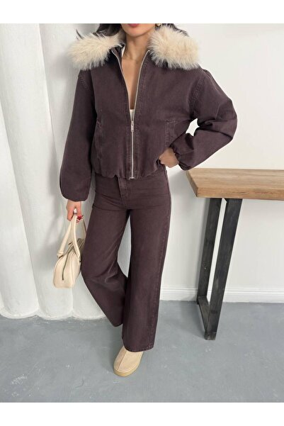 Ekim Store Kürklü Lacivert Ceket Pantolon Denim Takım