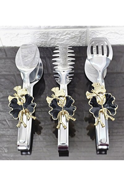 atabey home Silver Serving Tongs Set of 3 Black Butterfly Pasta/Cake/Dinner/P...