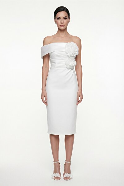 Lafaba Women's White Boat Neck Floral Detailed Promise Engagement Wedding Eve...