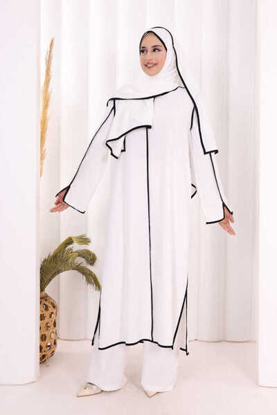 Bym Fashion Hac Umre Biyeli Pantolonlu Tunik Takım ŞAL HEDİYE 8001 Ekru-Siyah