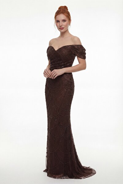 Lafaba Women's Brown Slim Fit Madonna Collar Long Mermaid Evening Dress