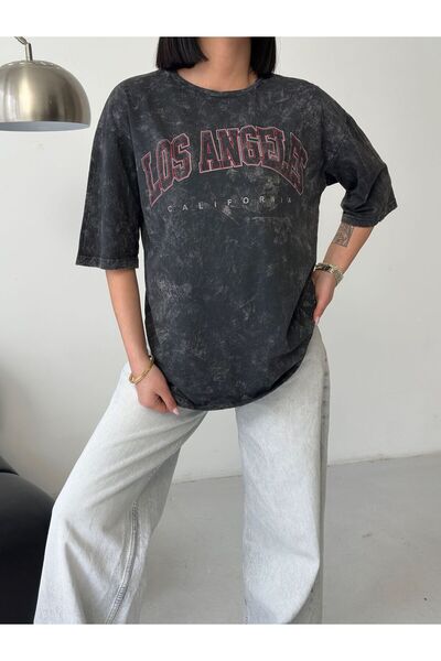 moda paketi Women's Los Angeles Printed Oversize Washed T-Shirt - Short Sleev...