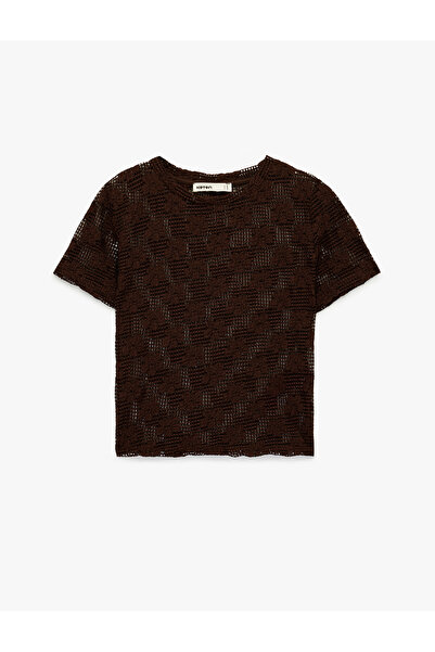 Koton Slim Fit Short Sleeve Crew Neck Floral Crochet Crop T-Shirt