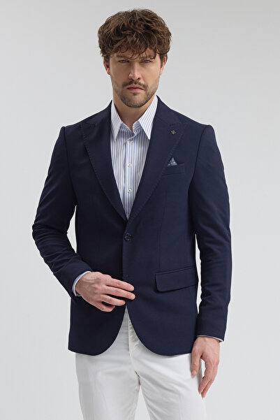 Frappoli Ανδρικό σακάκι Pique σε σκούρο μπλε ναυτικό με μυτερό γιακά, ελαστικ...