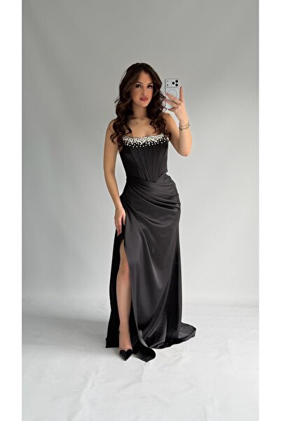 AYŞENUR DİNÇER Maradonna Taşlı Fularlı Abiye Siyah