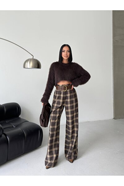 Ekim Store Pantaloni Palazzo cu pliuri și model în carouri