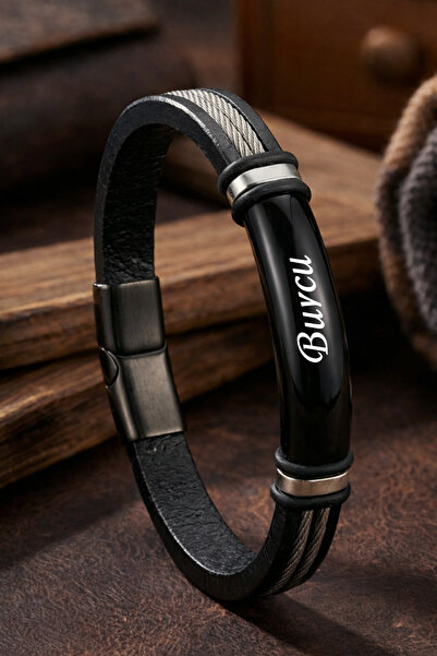 OSMANLI GÜMÜŞ Men's Leather Bracelet Shiny Steel Plate Name Engravable Double...