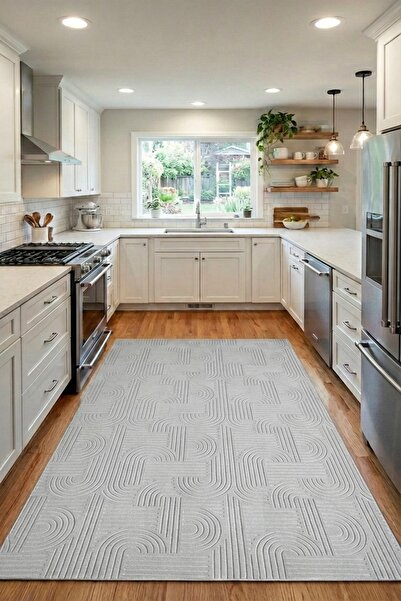 Evrimax Premium Yıkanabilir Leke Tutmaz Emboss Bohem Acık Gri Mutfak Halısı Ö...