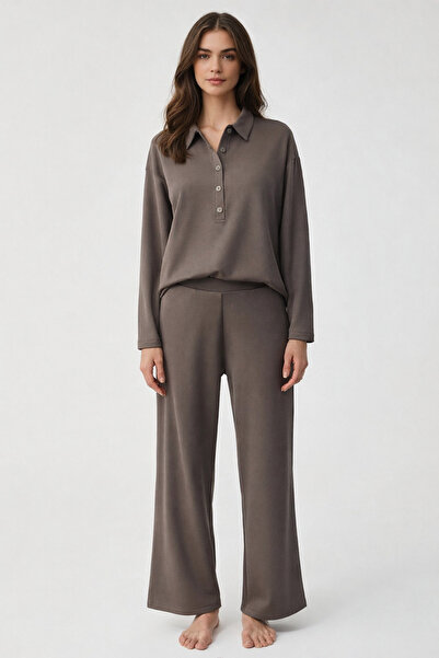 bendengiy Brown Polo Collar Buttoned Pajama Set