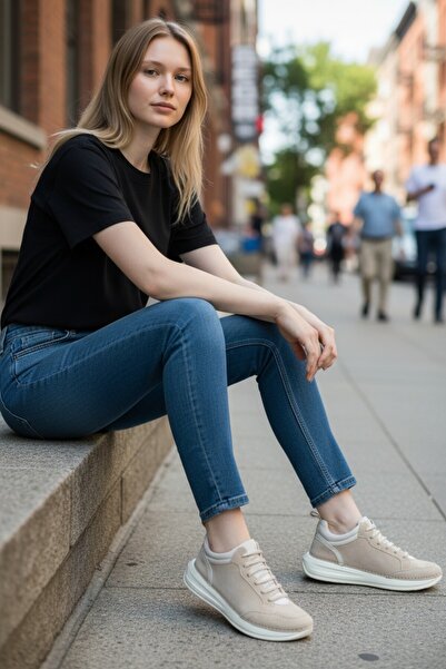 SAVETTE Genuine Suede Leather Beige Women's Sneaker with Rubber Tie Easy to Wear