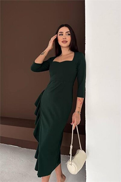 Neşeli Butik Women's Green Flared Asymmetrical Cut Square Neck Dress