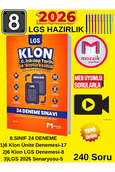 Mozaik Yayınları Klon 8.Sınıf LGS İnkılap Tarihi 24'lü Deneme (240 Soru) 2026...