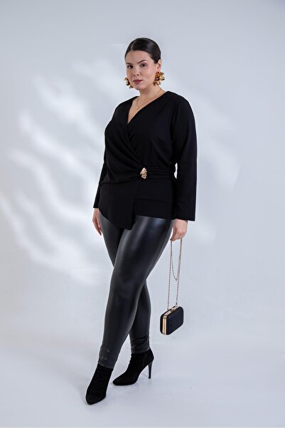 Roxxlen Γυναικεία μπλούζα μεγάλου μεγέθους με λεπτομέρεια αγκράφας, διπλό στή...