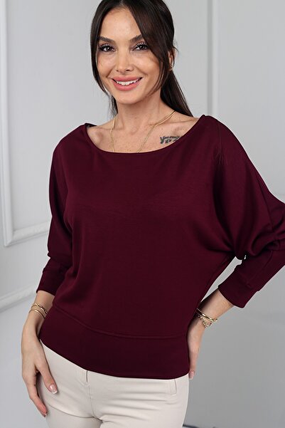 By Saygı Women's Boat Neck Long Batwing Sleeve Modal Sweatshirt