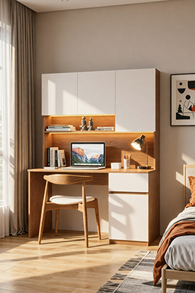 Avmpark Bondy Raflı Bilgisayar Masası Çekmeceli Kitaplıklı Led Işıklı Çalışma Masası Ceviz-Beyaz