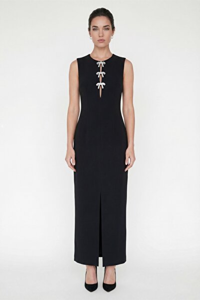 Lafaba Women's Black Slit Maxi Evening Dress with Accessory Detail