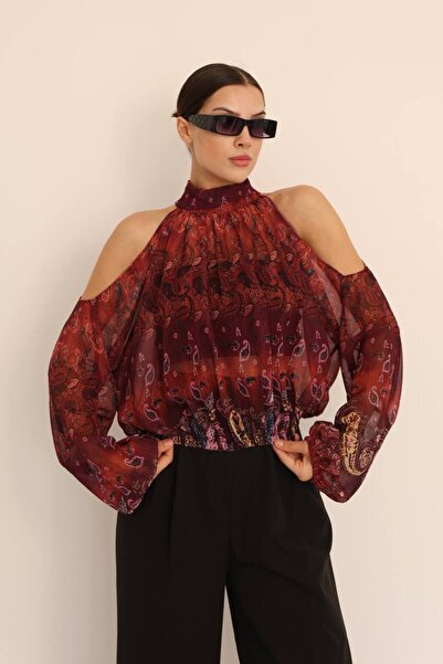 Safgiyim44 Shoulder Open Patterned Chiffon Women's Blouse