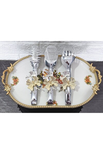 atabey home Silver Serving Tongs Set of 3 Gold Butterfly Pasta/Cake/Dinner/Pr...