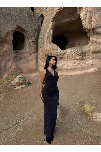 kırmızı butiks Simli Sırt Dekolte Elbise