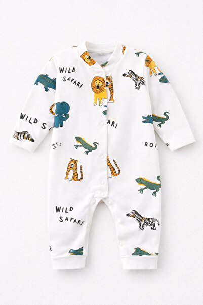 Unisex alopetă Bebeluși Safari Albă – Pijama din Bumbac cu Animale, Pantaloni...