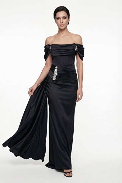 Lafaba Women's Black Slim Fit Boat Neck Rhinestone Long Evening Dress