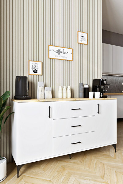 Ases Mobilya ASL4411 Kahve Köşesi Çok Amaçlı Dolap 2 Kapaklı 3 Çekmeceli Kile...