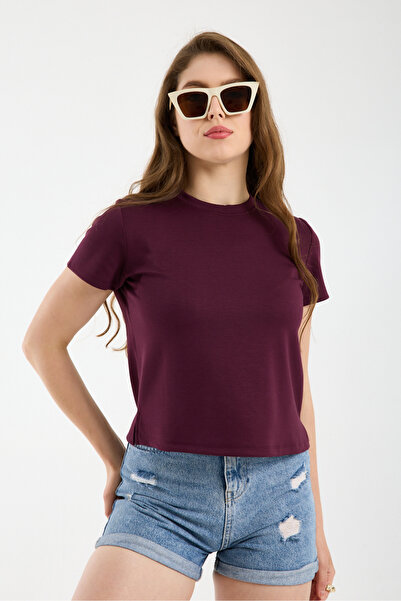 Clothes Fast Women's Burgundy Basic T-Shirt Crew Neck Short Sleeve Cotton Cas...